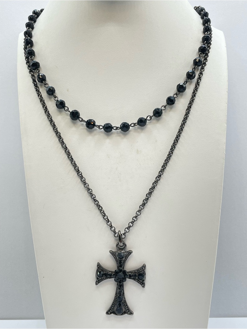 Gunmetal Black Crystal Cross Layered Necklace Gothic Statement